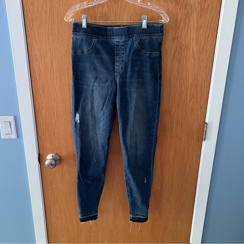 SPANX Blue Ankle Cropped Jeans with Distressed Details